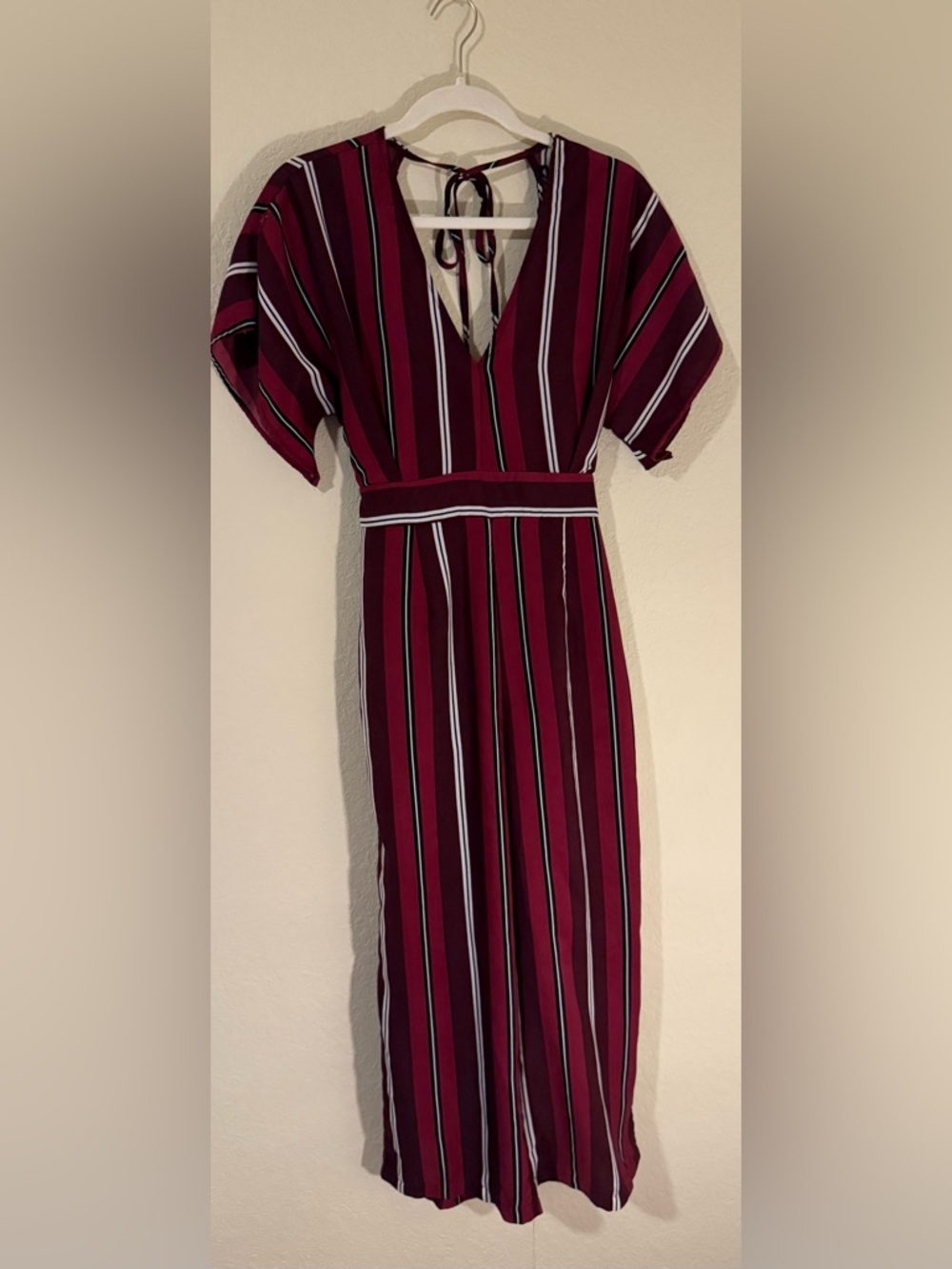 Crystal Doll Burgundy Striped V-Neck Tie-Back Jumpsuit